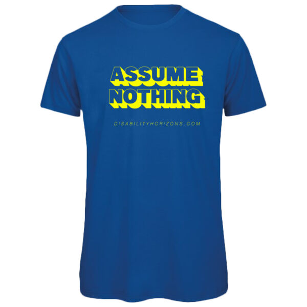 ASSUME NOTHING - yellow print disability pride t-shirt Thumbnail